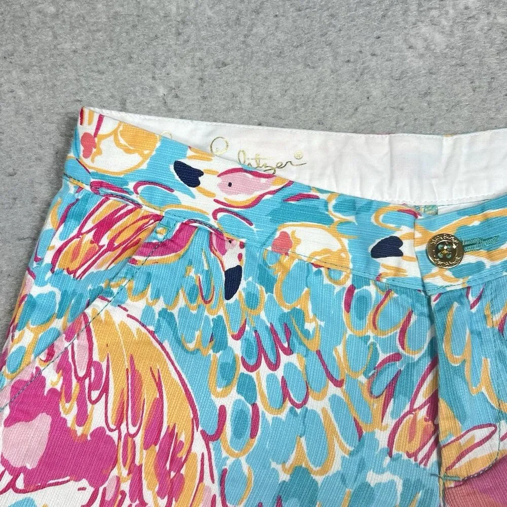 Lilly Pulitzer Buttercup Shorts Women’s 00 Blue Pink Flamingo Scallop Peel Trim